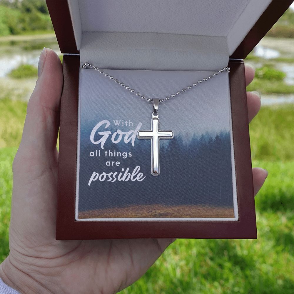 With God All Things Are Possible - Stainless Cross Necklace with Ball Chain