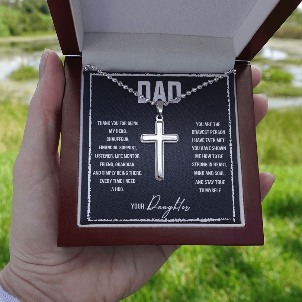 To My Dad | Thank you for being my Hero, Chauffeur, Financial Support, Listener, Life Mentor, Friend, Guardian. - Stainless Cross Necklace with Ball Chain