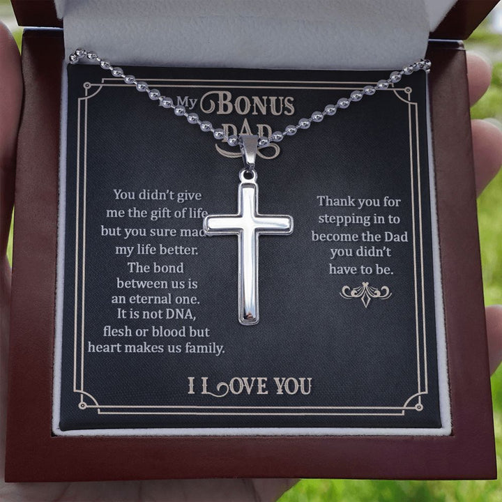 To My Bonus Dad | Thank you for stepping in to become the Dad you didn't have to be. - Stainless Cross Necklace with Ball Chain