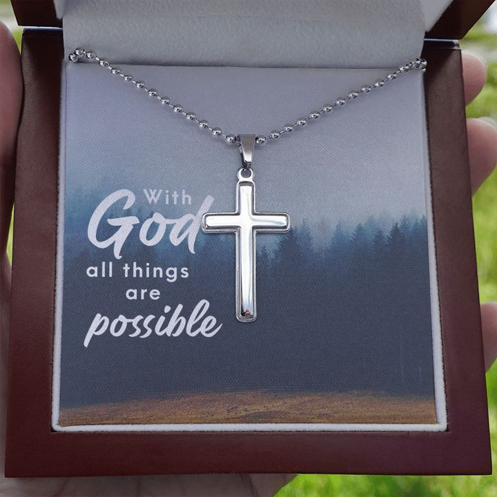 With God All Things Are Possible - Stainless Cross Necklace with Ball Chain