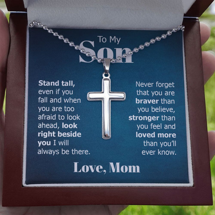 To My Son | Look right beside you I will always be there. Love, Mom - Stainless Cross Necklace with Ball Chain