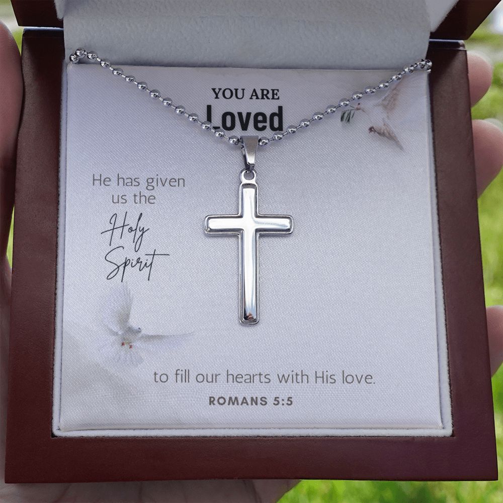 You are Loved | He has given us the Holy Spirit to fill our hearts with His Love. - Stainless Cross Necklace with Ball Chain