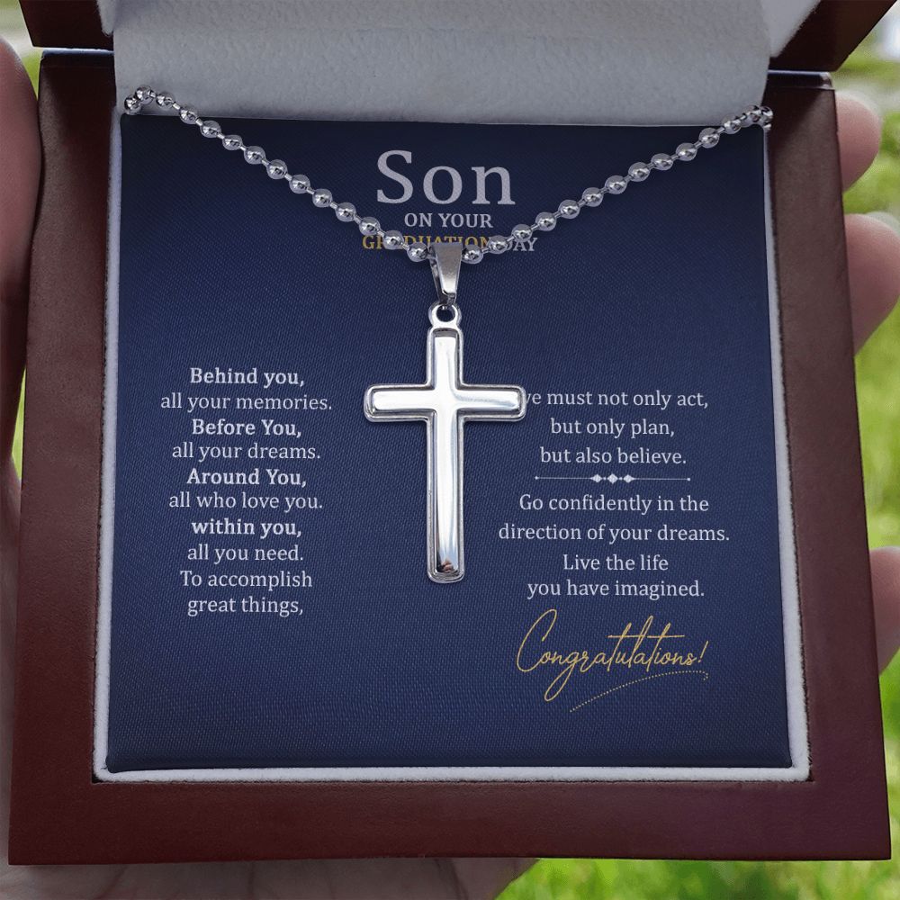 Son on your Graduation Day | We must not only act, but only plan, but also believe. - Stainless Cross Necklace with Ball Chain