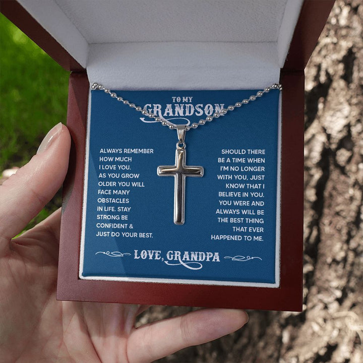 To My Grandson | You were and always will be the best thing that ever happened to me. Love, Grandpa - Stainless Cross Necklace with Ball Chain