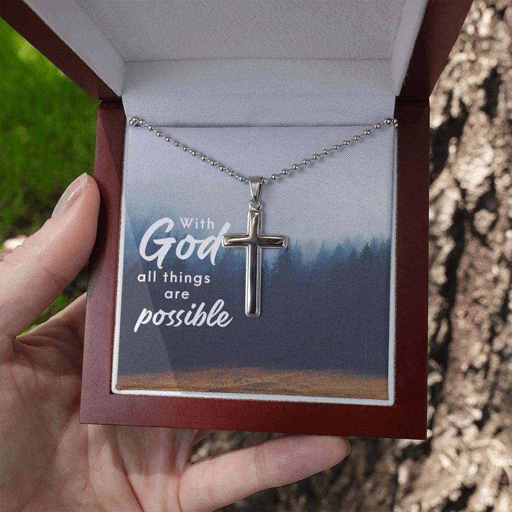 With God All Things Are Possible - Stainless Cross Necklace with Ball Chain