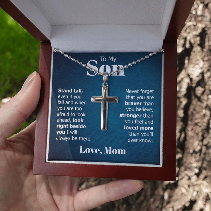 To My Son | Look right beside you I will always be there. Love, Mom - Stainless Cross Necklace with Ball Chain