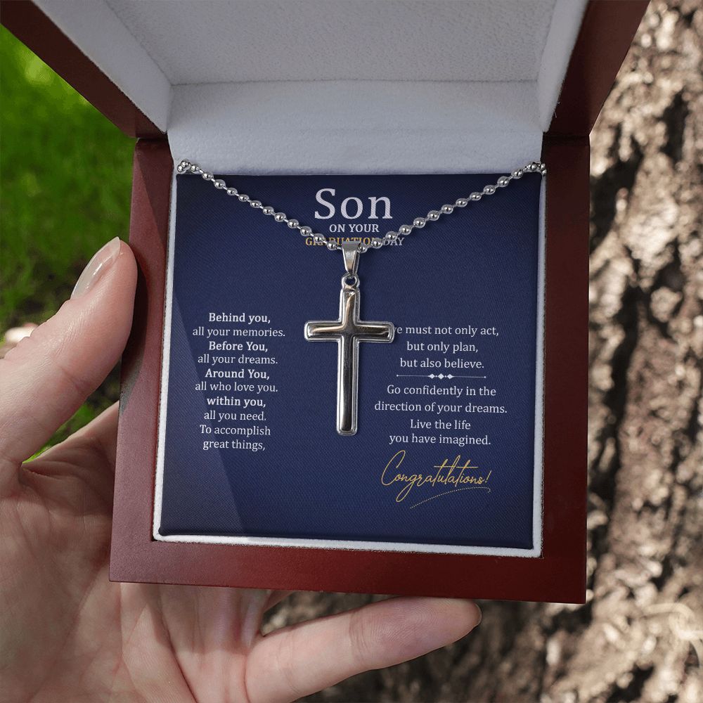 Son on your Graduation Day | We must not only act, but only plan, but also believe. - Stainless Cross Necklace with Ball Chain