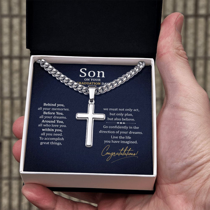 Son on your Graduation Day | Go confidently in the direction of your dreams. - Cuban Chain with Artisan Cross Necklace