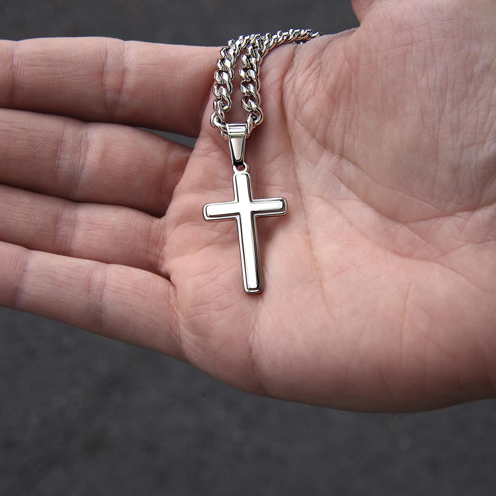 To My Son | Look right beside you I will always be there. Love, Mom - Cuban Chain with Artisan Cross Necklace