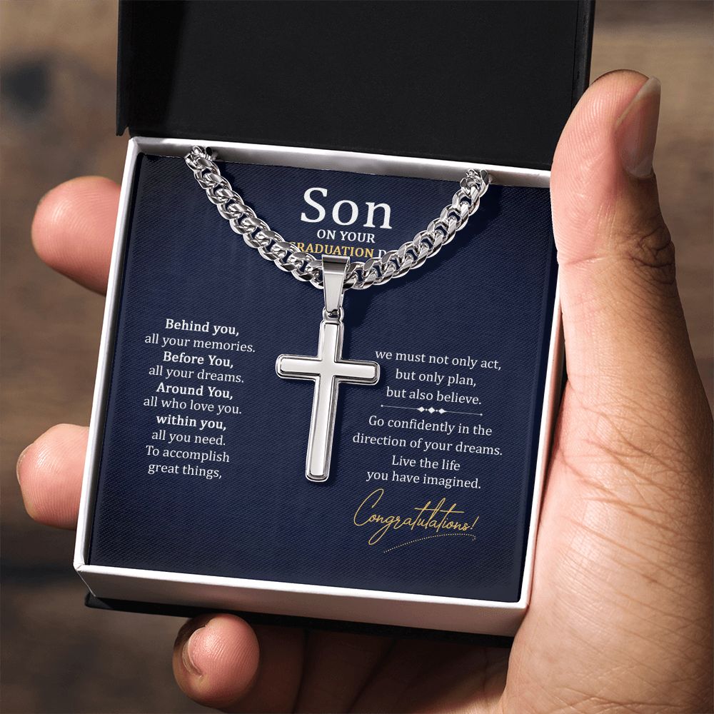 Son on your Graduation Day | Go confidently in the direction of your dreams. - Cuban Chain with Artisan Cross Necklace