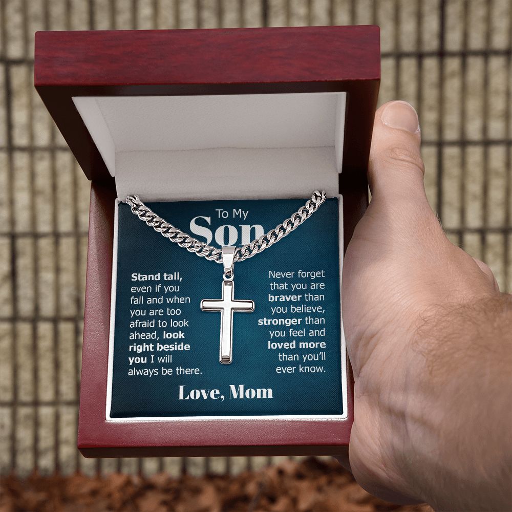 To My Son | Look right beside you I will always be there. Love, Mom - Cuban Chain with Artisan Cross Necklace