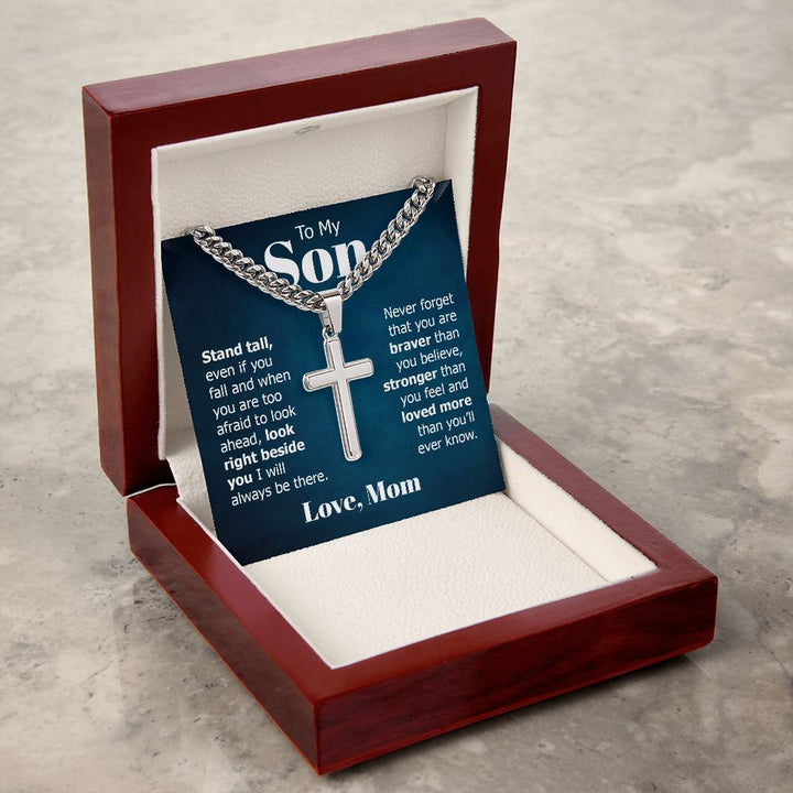 To My Son | Look right beside you I will always be there. Love, Mom - Cuban Chain with Artisan Cross Necklace