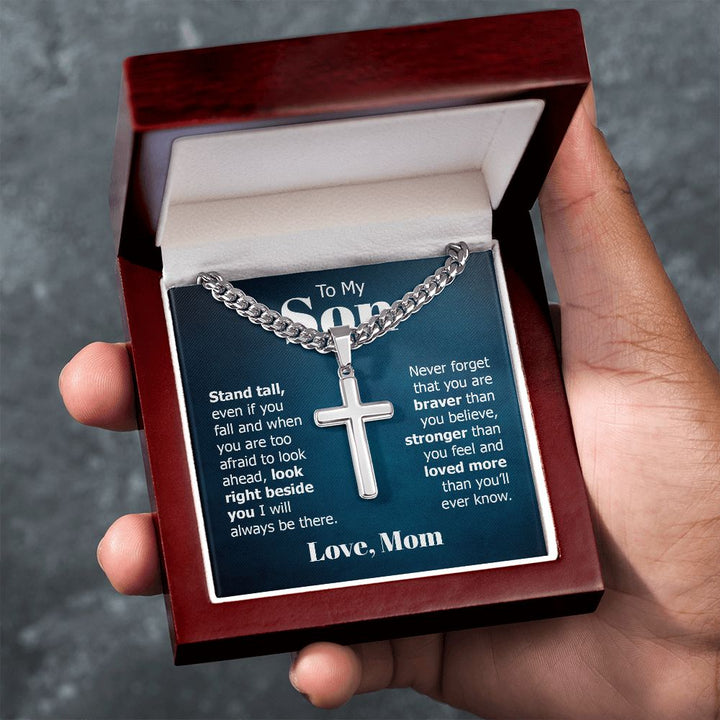 To My Son | Look right beside you I will always be there. Love, Mom - Cuban Chain with Artisan Cross Necklace