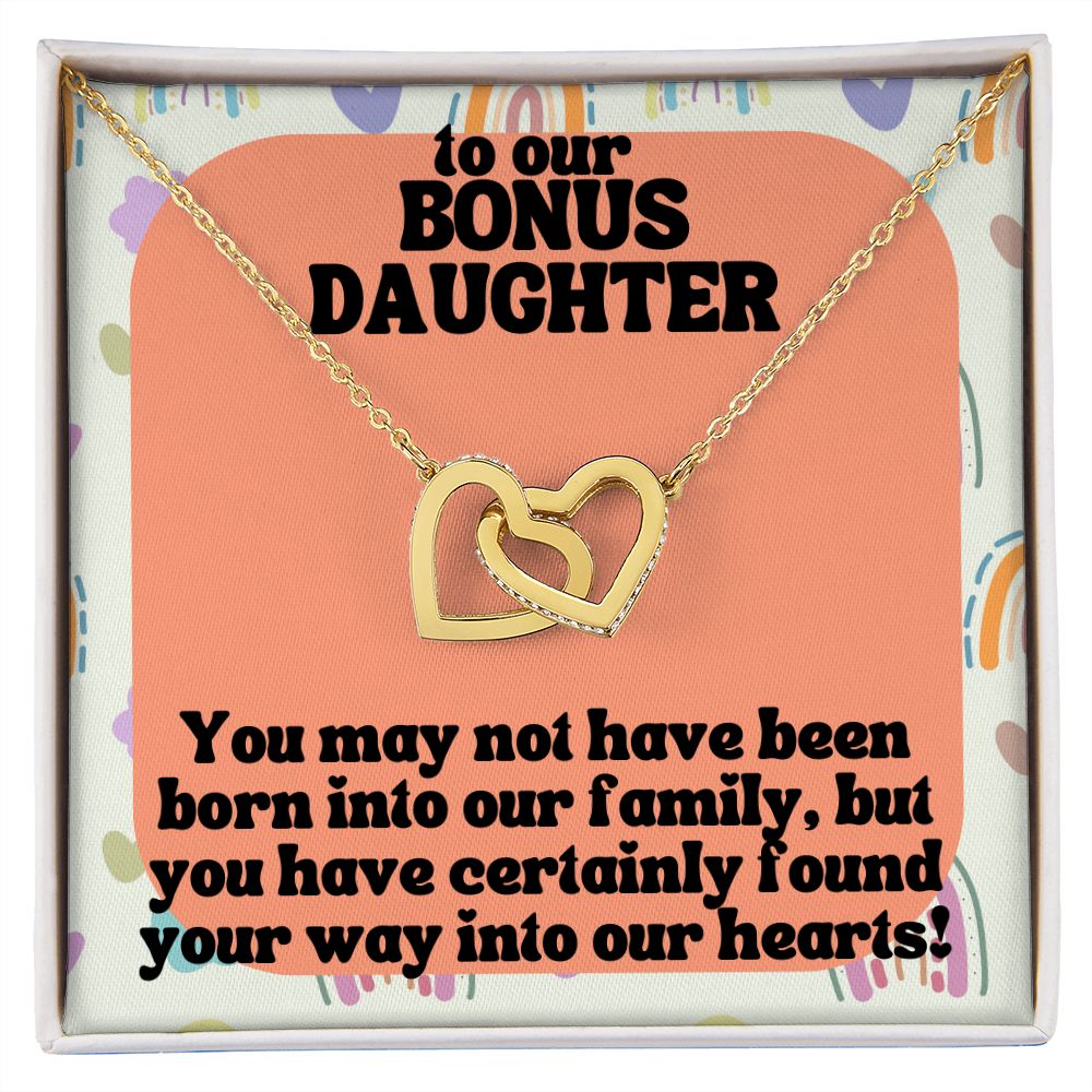 To our Bonus Daughter | You may not have been born into our family, but you have certainly found your way into our hearts! - Interlocking Hearts Necklace