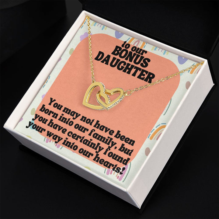 To our Bonus Daughter | You may not have been born into our family, but you have certainly found your way into our hearts! - Interlocking Hearts Necklace