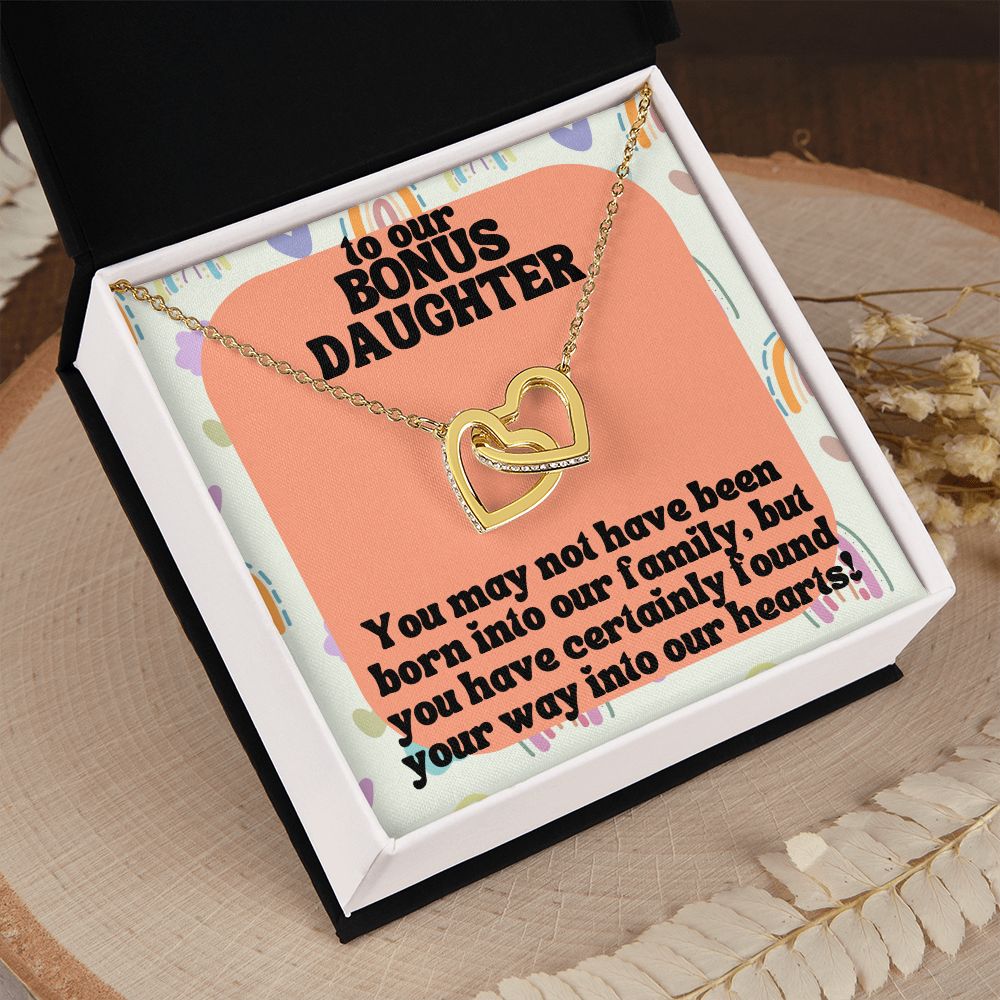 To our Bonus Daughter | You may not have been born into our family, but you have certainly found your way into our hearts! - Interlocking Hearts Necklace