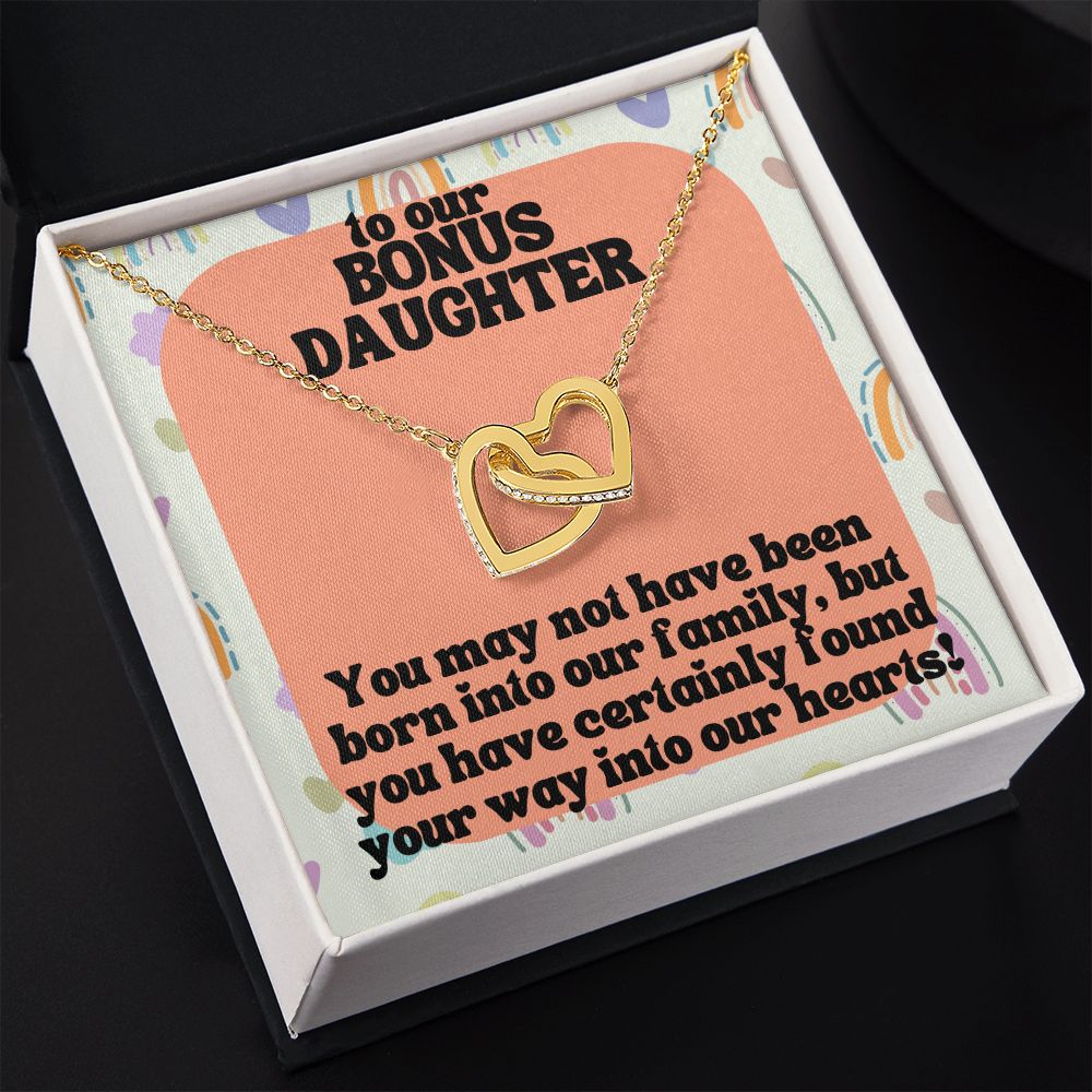 To our Bonus Daughter | You may not have been born into our family, but you have certainly found your way into our hearts! - Interlocking Hearts Necklace