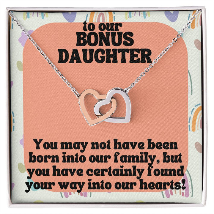 To our Bonus Daughter | You may not have been born into our family, but you have certainly found your way into our hearts! - Interlocking Hearts Necklace