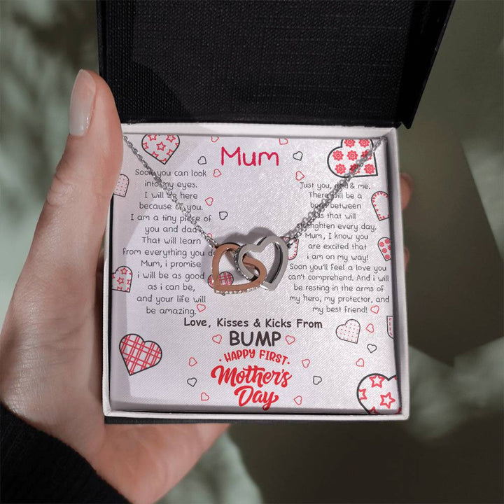 Mum | Soon you'll feel a love you can't comprehend, Love, Kisses and Kicks from Bump. Happy First Mother's Day - Interlocking Hearts Necklace