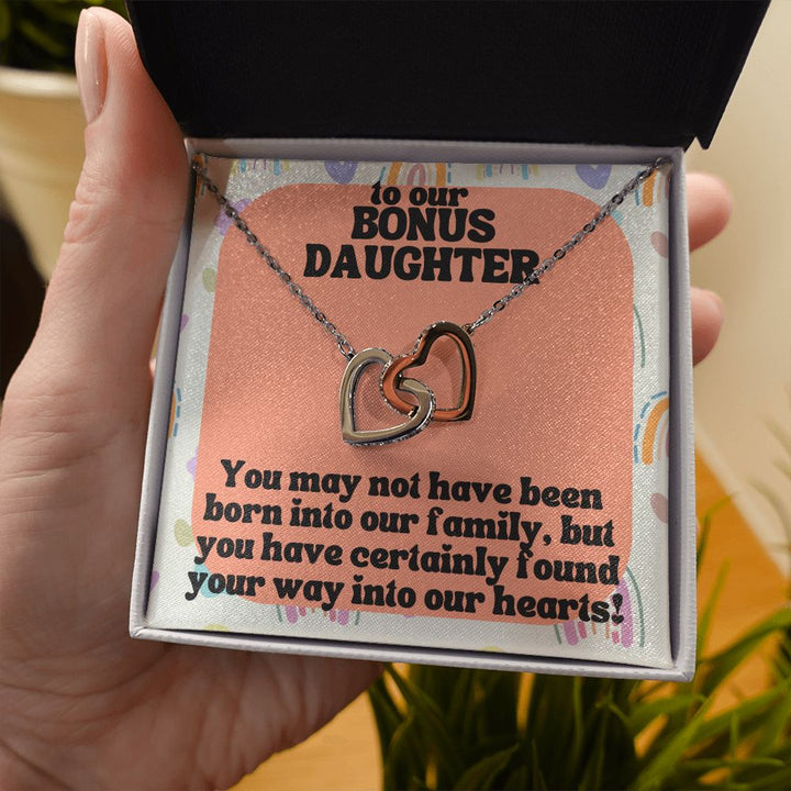 To our Bonus Daughter | You may not have been born into our family, but you have certainly found your way into our hearts! - Interlocking Hearts Necklace