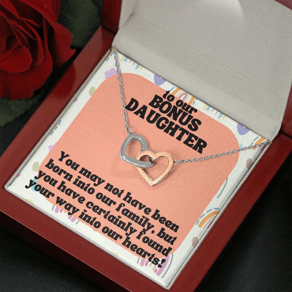 To our Bonus Daughter | You may not have been born into our family, but you have certainly found your way into our hearts! - Interlocking Hearts Necklace