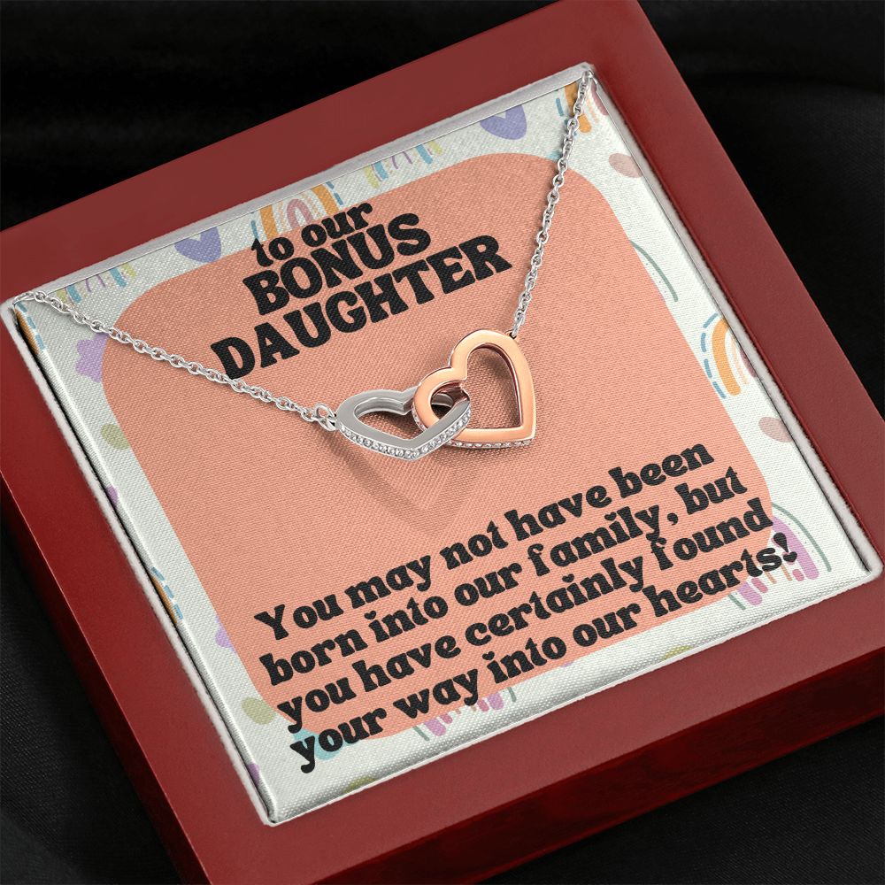 To our Bonus Daughter | You may not have been born into our family, but you have certainly found your way into our hearts! - Interlocking Hearts Necklace