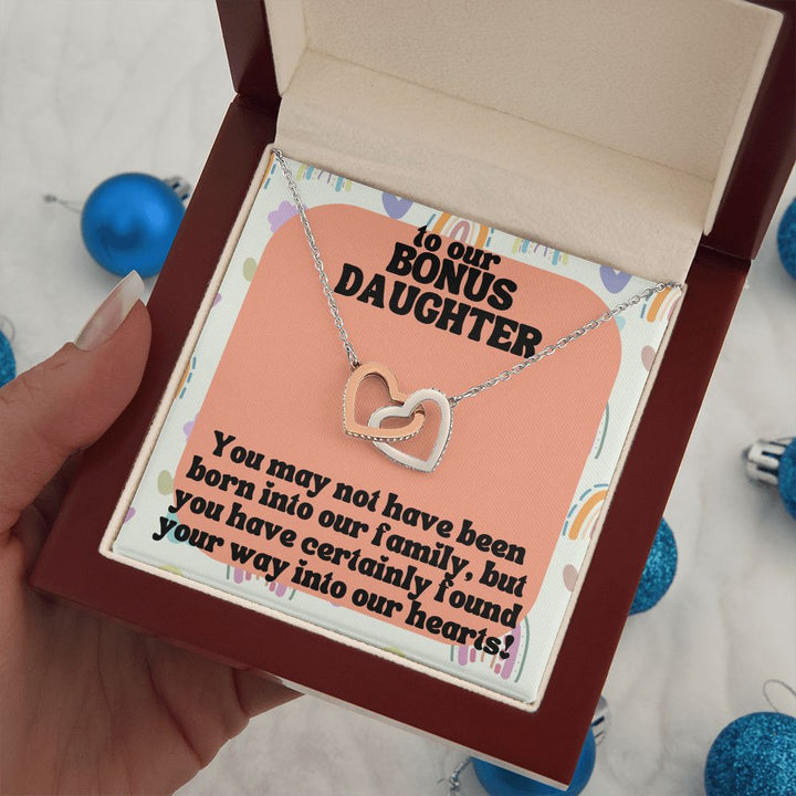 To our Bonus Daughter | You may not have been born into our family, but you have certainly found your way into our hearts! - Interlocking Hearts Necklace