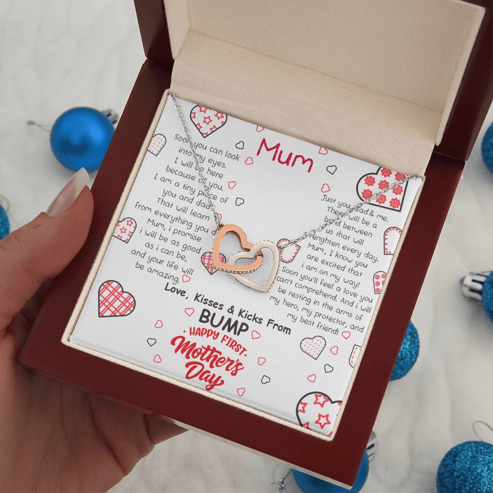 Mum | Soon you'll feel a love you can't comprehend, Love, Kisses and Kicks from Bump. Happy First Mother's Day - Interlocking Hearts Necklace