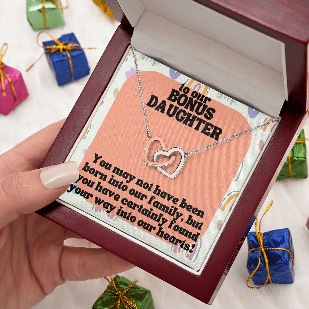 To our Bonus Daughter | You may not have been born into our family, but you have certainly found your way into our hearts! - Interlocking Hearts Necklace