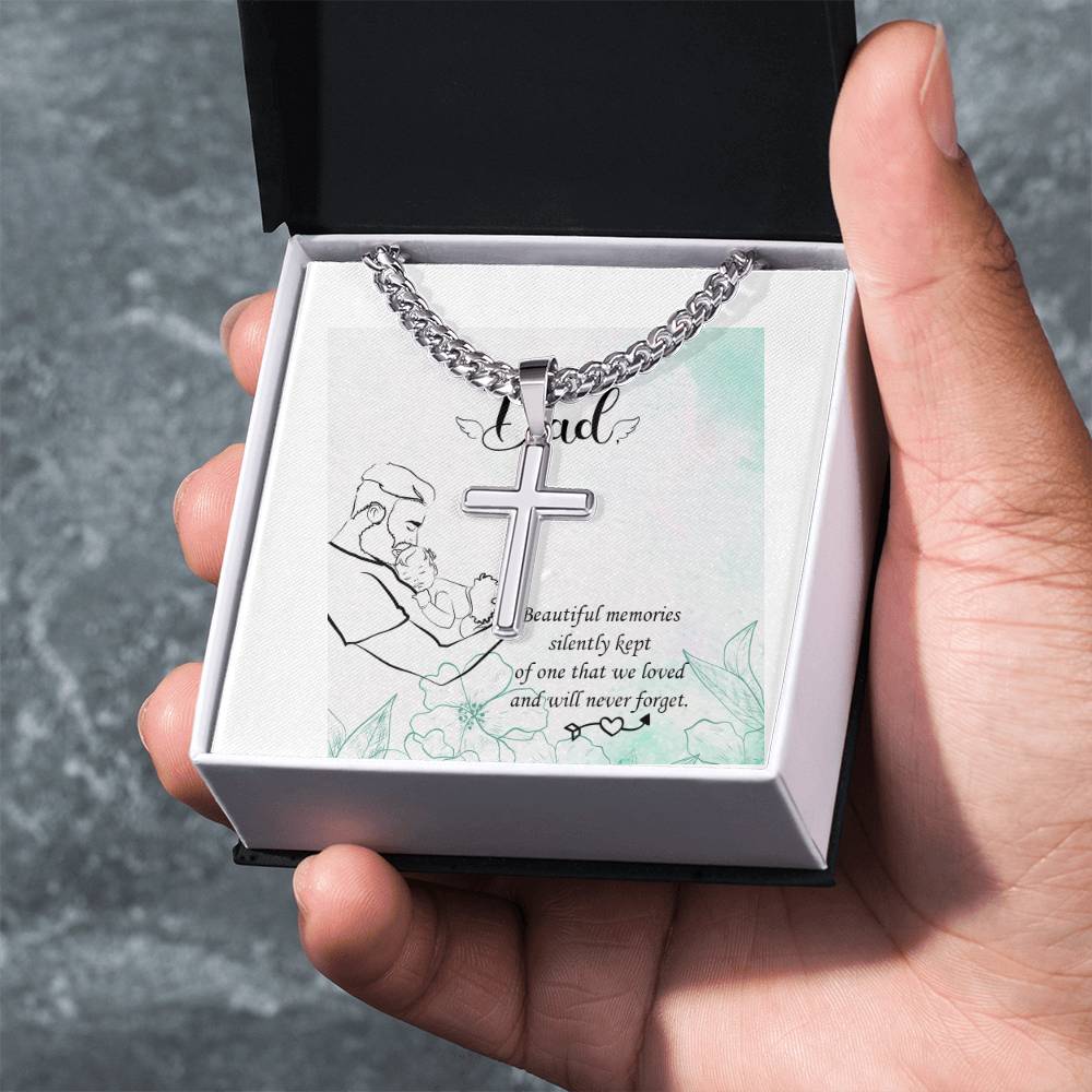 My angel Dad | Beautiful memories silently kept of one that we loved and will never forget - Artisan Cross Necklace on Cuban Chain