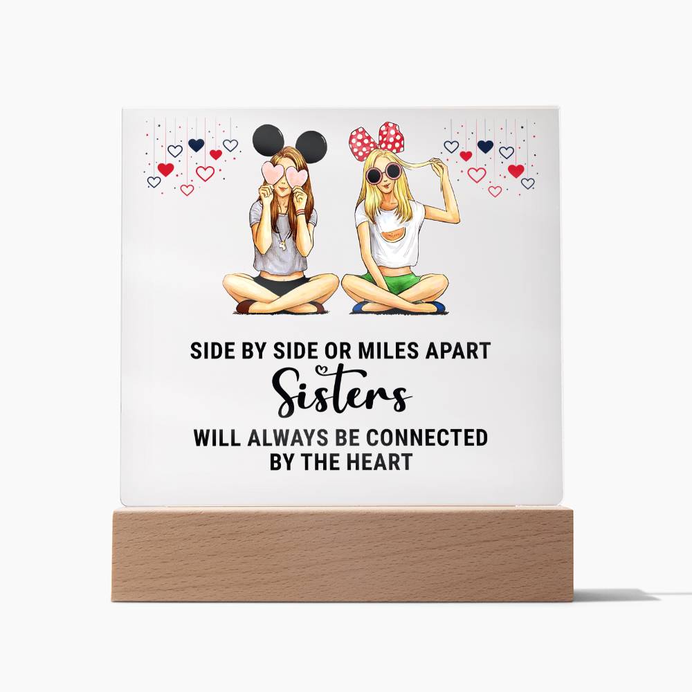 Sisters | Side by Side or Miles Apart Sisters will always be connected by the Heart - Square Acrylic Plaque