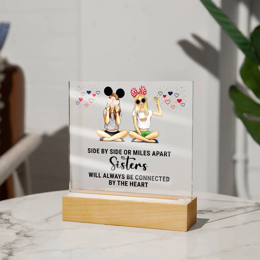 Sisters | Side by Side or Miles Apart Sisters will always be connected by the Heart - Square Acrylic Plaque