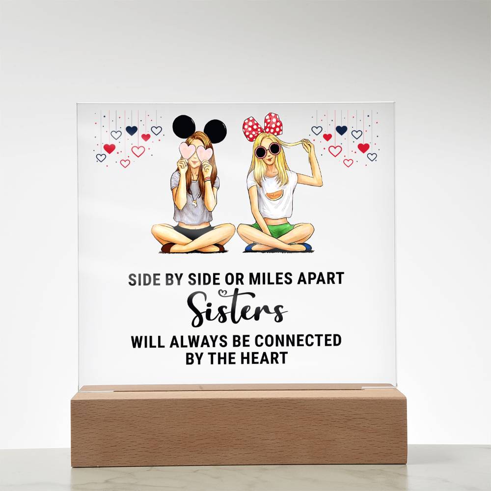 Sisters | Side by Side or Miles Apart Sisters will always be connected by the Heart - Square Acrylic Plaque