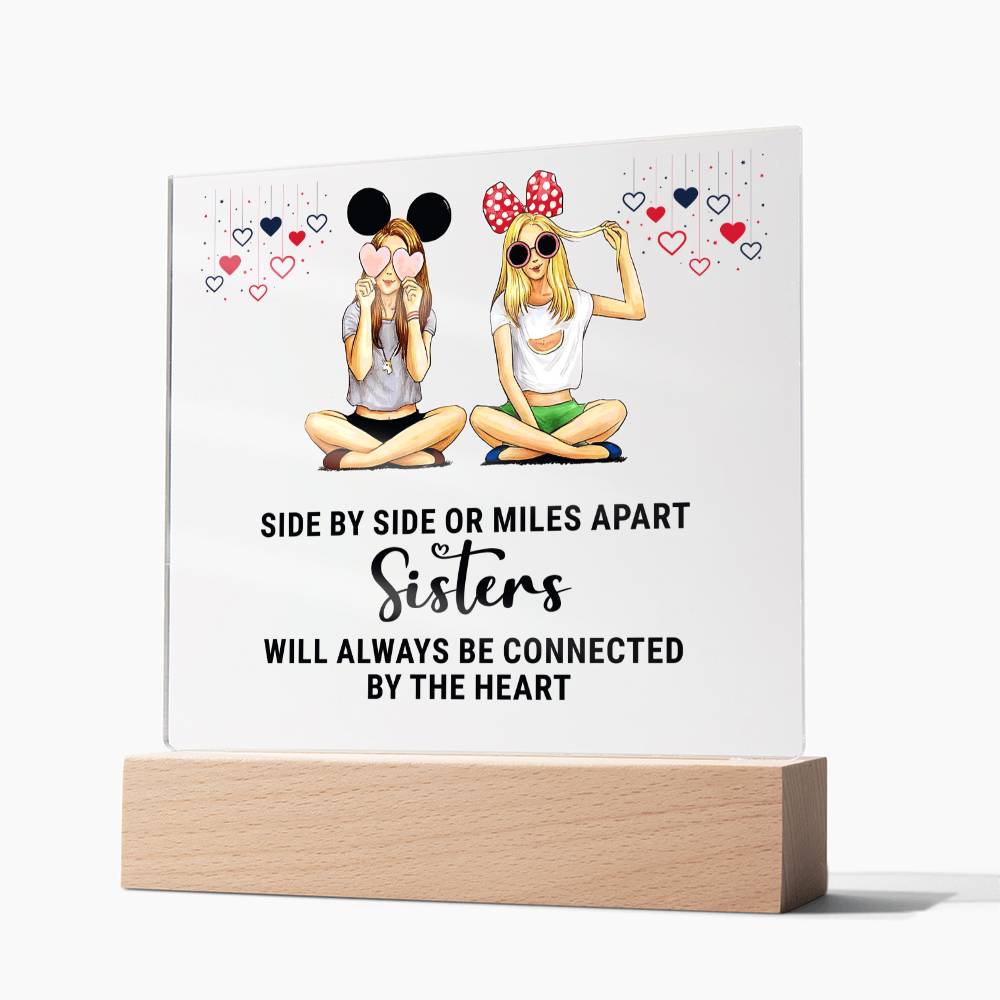 Sisters | Side by Side or Miles Apart Sisters will always be connected by the Heart - Square Acrylic Plaque