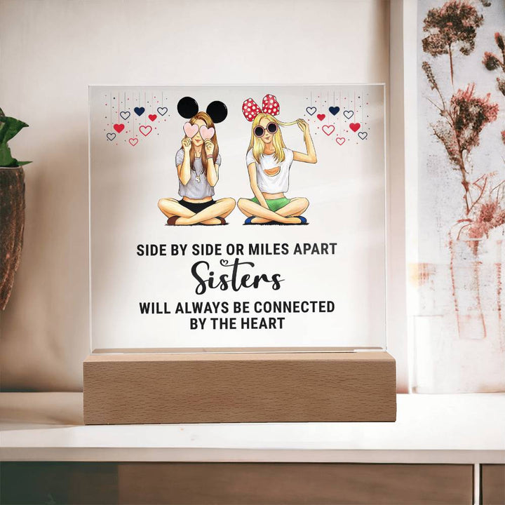 Sisters | Side by Side or Miles Apart Sisters will always be connected by the Heart - Square Acrylic Plaque