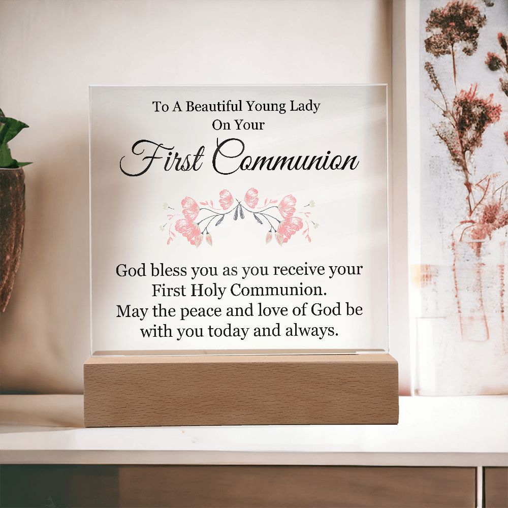 To A Beautiful Young Lady on Your First Communion | God bless you as you receive your First Hole Communion - Square Acrylic Plaque