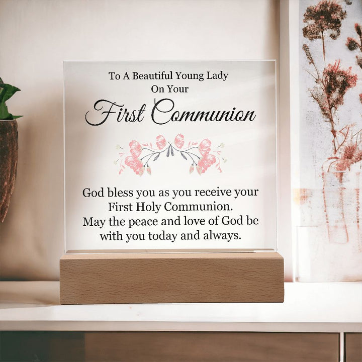 To A Beautiful Young Lady on Your First Communion | God bless you as you receive your First Hole Communion - Square Acrylic Plaque