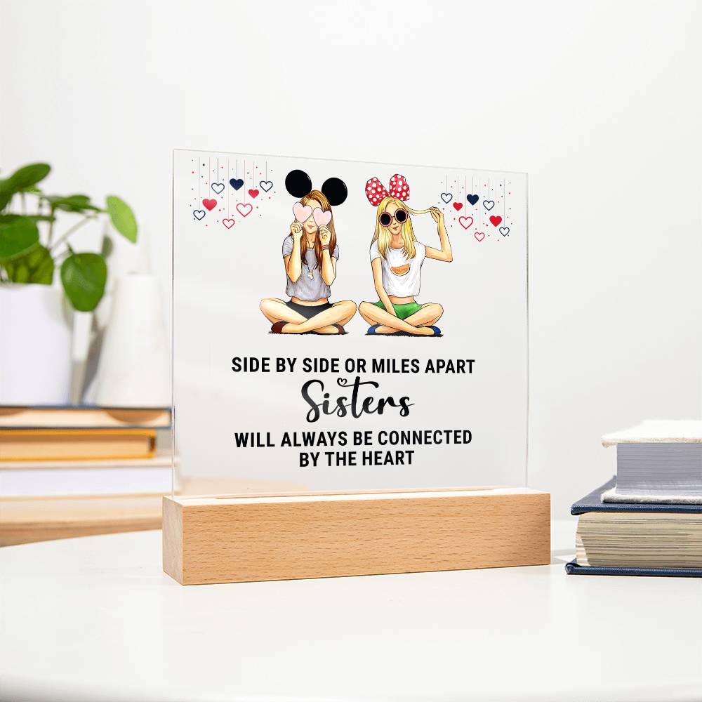 Sisters | Side by Side or Miles Apart Sisters will always be connected by the Heart - Square Acrylic Plaque