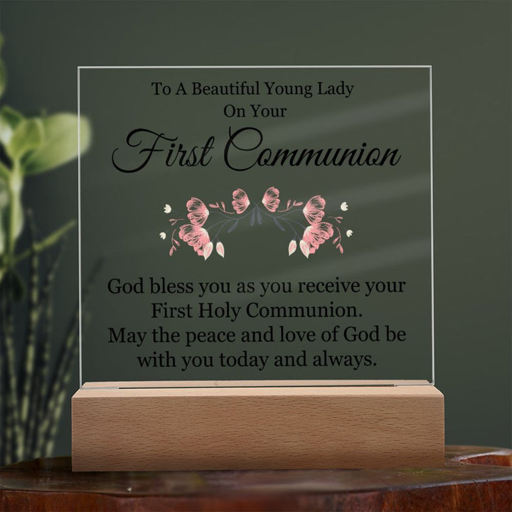 To A Beautiful Young Lady on Your First Communion | God bless you as you receive your First Hole Communion - Square Acrylic Plaque