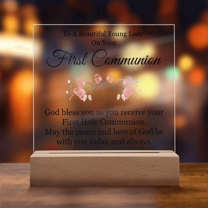 To A Beautiful Young Lady on Your First Communion | God bless you as you receive your First Hole Communion - Square Acrylic Plaque