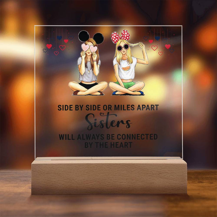 Sisters | Side by Side or Miles Apart Sisters will always be connected by the Heart - Square Acrylic Plaque