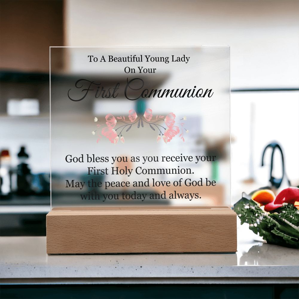 To A Beautiful Young Lady on Your First Communion | God bless you as you receive your First Hole Communion - Square Acrylic Plaque