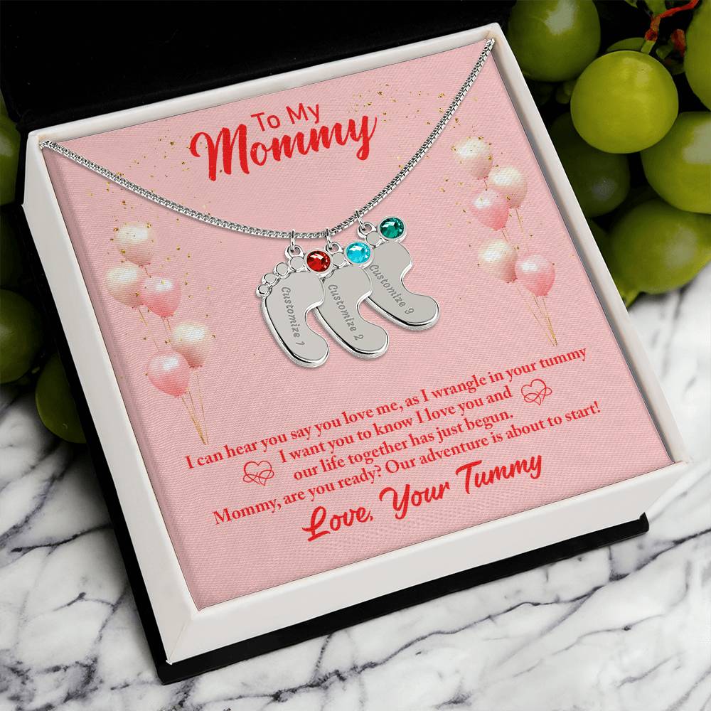 To My Mommy | I can hear you say you love me - baby Feet Necklace with Birthstone