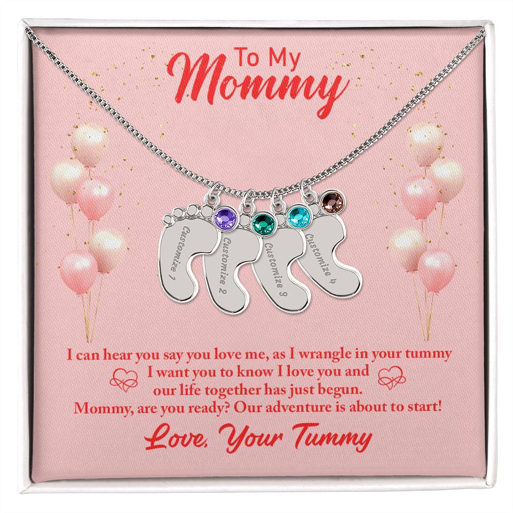 To My Mommy | I can hear you say you love me - baby Feet Necklace with Birthstone