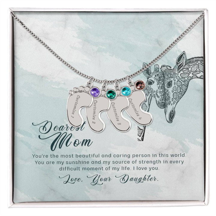 Dearest Mom | You are the most beautiful and caring person in this world - Baby Feet Necklace with Birthstone