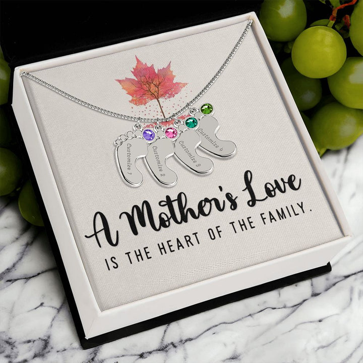 A Mother's Love is the Heart of the Family - Baby Feet Necklace with Birthstone