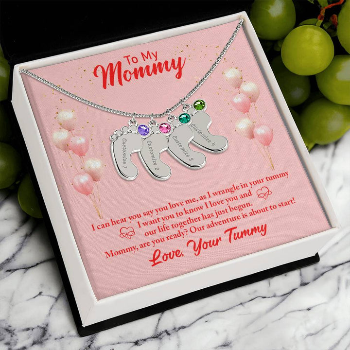 To My Mommy | I can hear you say you love me - baby Feet Necklace with Birthstone