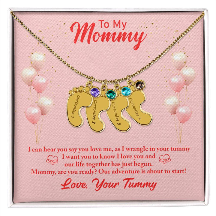 To My Mommy | I can hear you say you love me - baby Feet Necklace with Birthstone