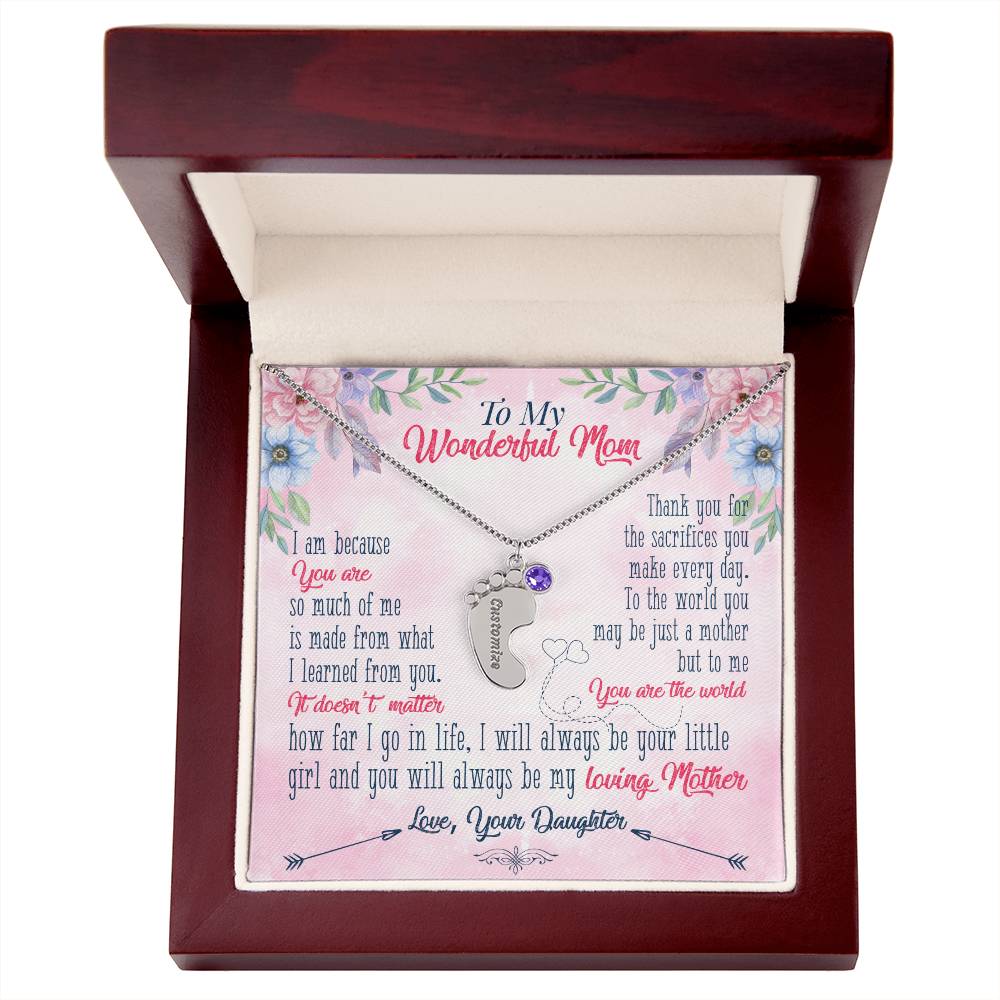 To My Wonderful Mom | Thank you for the sacrifices you make every day - Baby Feet Necklace with Birthstone