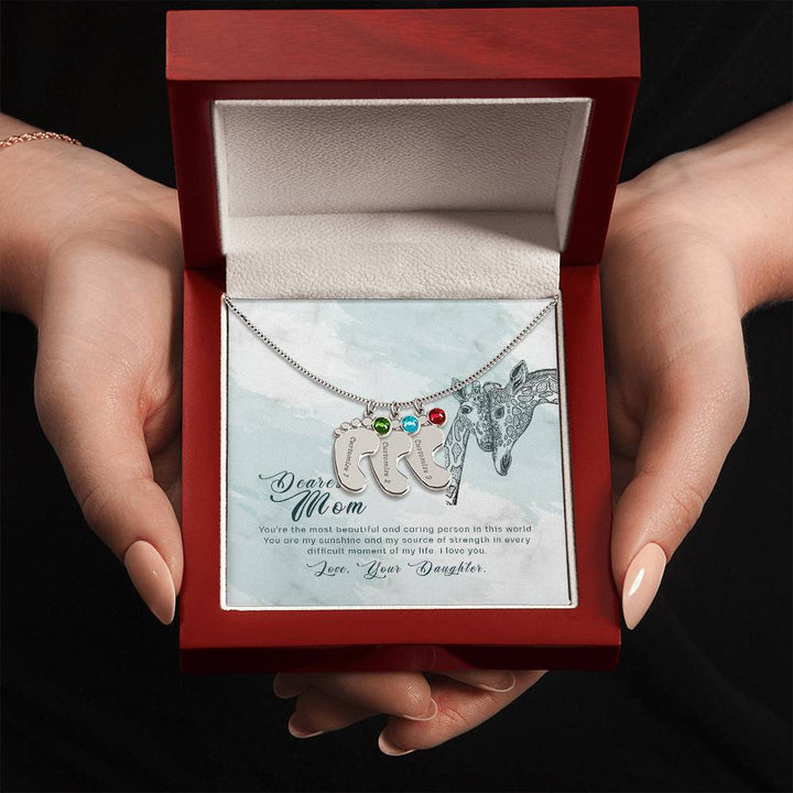 Dearest Mom | You are the most beautiful and caring person in this world - Baby Feet Necklace with Birthstone